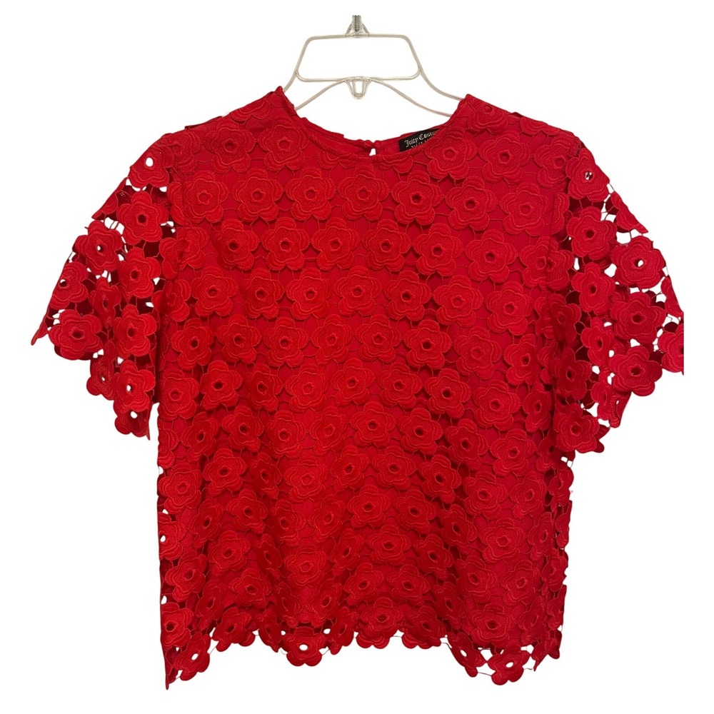 Juicy Couture Top Black Label Red Floral‎ Lace Short Sleeve Size 2 EUC